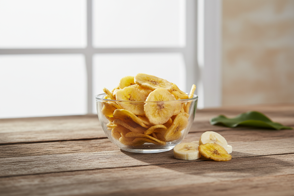 Dehydrated Banana Chips on Wooden Table