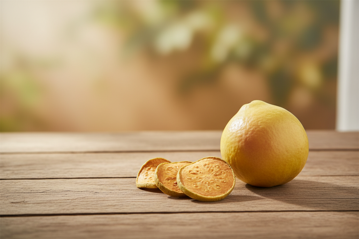 Fresh and Dehydrated Guava on Wooden Table